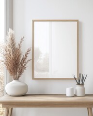 White Interior Frame Mockup on Table in Modern Scandinavian Room