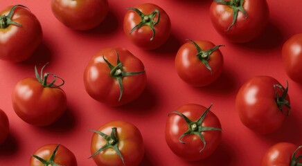 Fresh red tomatoes laid out on a vibrant red background.