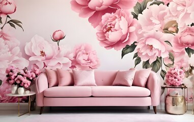 Floral Wall paper, Roses with pink sofa