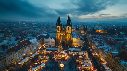 Obraz premium Prague's Old Town Square adorned with festive lights and a Christmas market during twilight in winter