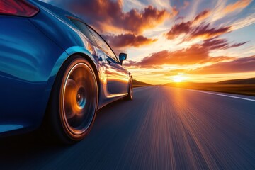 Dynamic Blue Car Speeds Along Open Road at Sunset