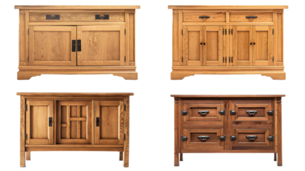 Set of classic solid wood sideboard cabinets isolated on transparent and white background, cut out png