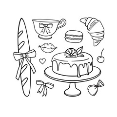 French bakery set of doodles with cake, pastry, coffee and bows. Coquettes style vector illustration 