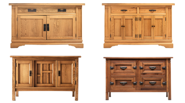 Set of classic solid wood sideboard cabinets isolated on transparent and white background, cut out png