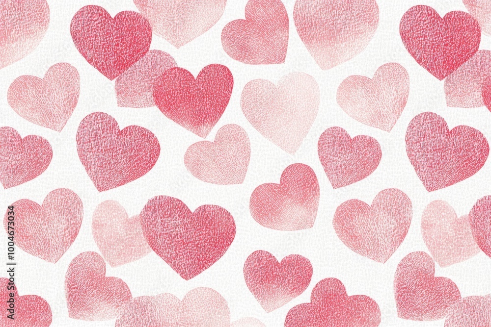 Poster pattern of pink and red hearts, arranged in an elegant, overlapping design on a white background the