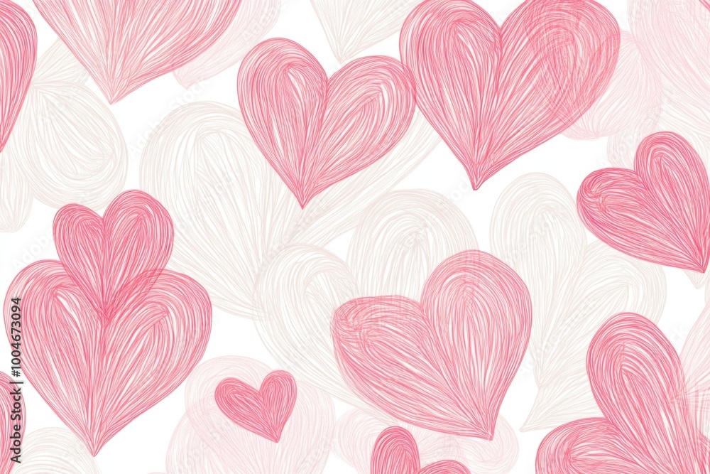 Poster pattern of pink and red hearts, designed in the style of hand-drawn line art with delicate lines for