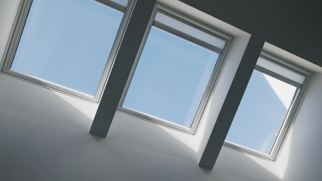 A series of motorized skylights deploy their shading systems to block direct solar radiation from entering the contemporary residence