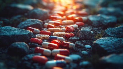 conceptual image portraying the journey of overcoming prescription pill addiction , highlighting the struggle against opioids and substance abuse