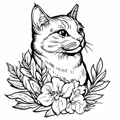 Fototapeta premium A black and white coloring book with an illustration of a cat, creating a platform for children's creativity. Promotes the development of creativity and perseverance.