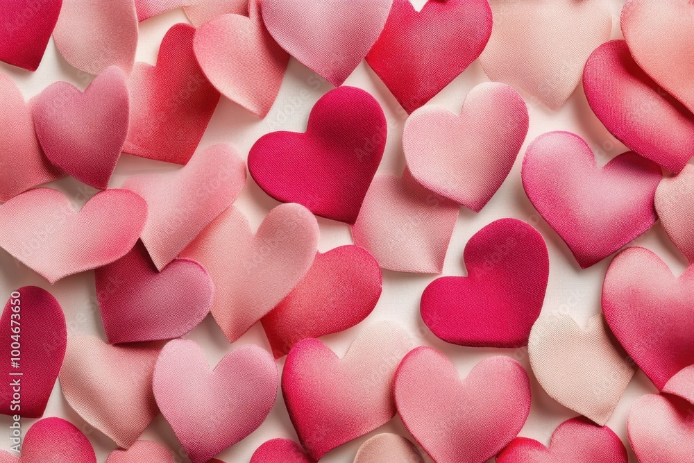 Poster pattern of pink and red hearts, arranged in an organic fashion with random spacing between each hear