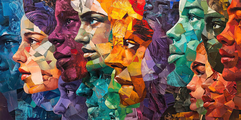 
A vivid and colorful collage of faces in different sizes and shapes, layered together to form an abstract portrayal of the human race, created by Generative AI.