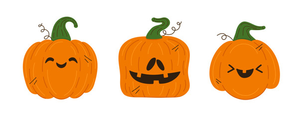 Set of funny pumpkins for halloween. Vector elements for halloween concept with pumpkin for postcard, flyer or banner.
