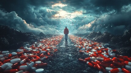 conceptual image portraying the journey of overcoming prescription pill addiction , highlighting the struggle against opioids and substance abuse