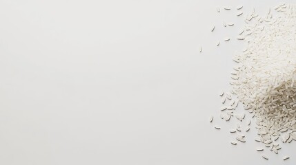 A simple, clean pile of white rice grains scattered on a white background, highlighting purity and natural simplicity in a minimalistic style.