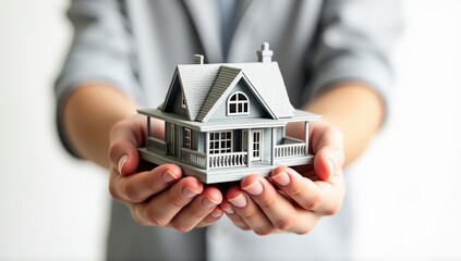 3D House Model in Hands, Symbol of Buying, Building, or Financing a New Dream Home