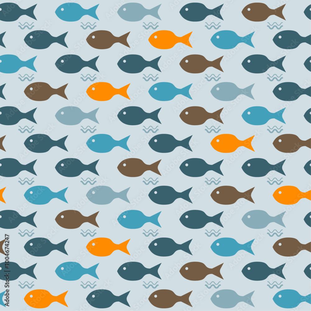 Poster Background of colorful fish. Light background and identical fish.
