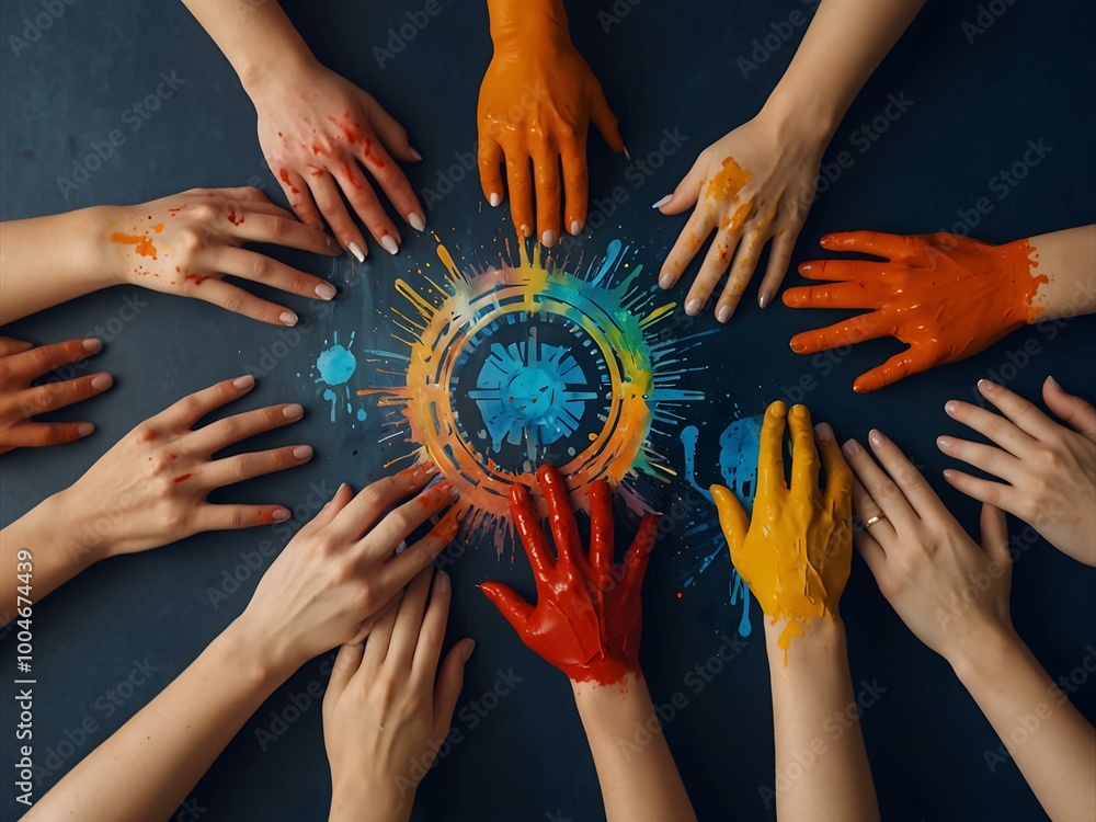 Poster group of hands creating a security-themed art with paint.