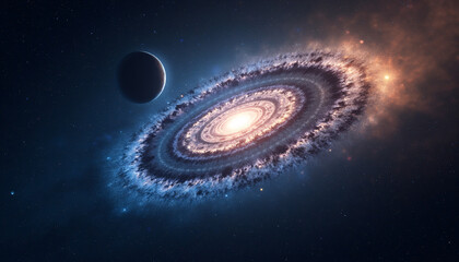 Obraz premium The image is an abstract digital art piece that appears to be a cosmic scene. It features two spiral galaxies in the center of the image, surrounded by a vast expanse of stars and galaxies.