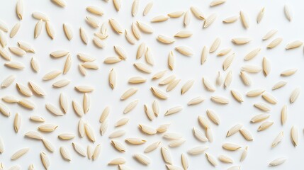 Obraz premium An overhead view of uncooked rice spread on a pure white background, capturing the natural beauty of the grains in a seamless, elegant display.