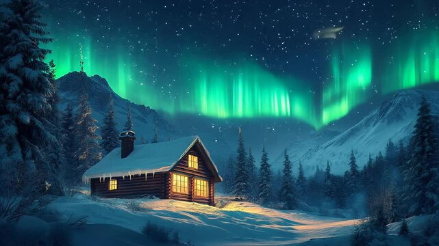 Cozy Cabin Under Night Sky with Aurora Borealis Seamless Loop
