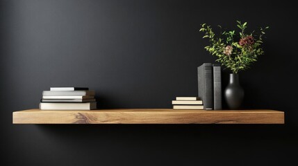 Modern Living Room Interior with Stylish Wooden Shelf on Black Wall Background