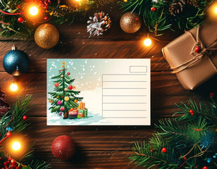 Christmas Stationery with Festive Ornaments. New Year Cards with Festive Christmas Tree Design. Christmas Cards with Festive Garland and Ornaments. Copy space