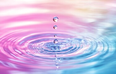 Droplets fall onto a water surface, creating ripples and reflecting vibrant pink and blue colors during a serene moment