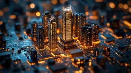 Futuristic cityscape with illuminated skyscrapers integrated into a microchip. Technology innovation, digital architecture, smart city, and advanced urban infrastructure for modern tech development.