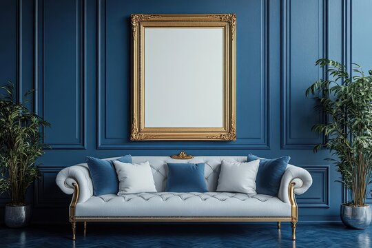 antique art gallery frame hangs against a royal blue wall awaiting a masterpiece creating a striking contrast and an elegant template for creative displays