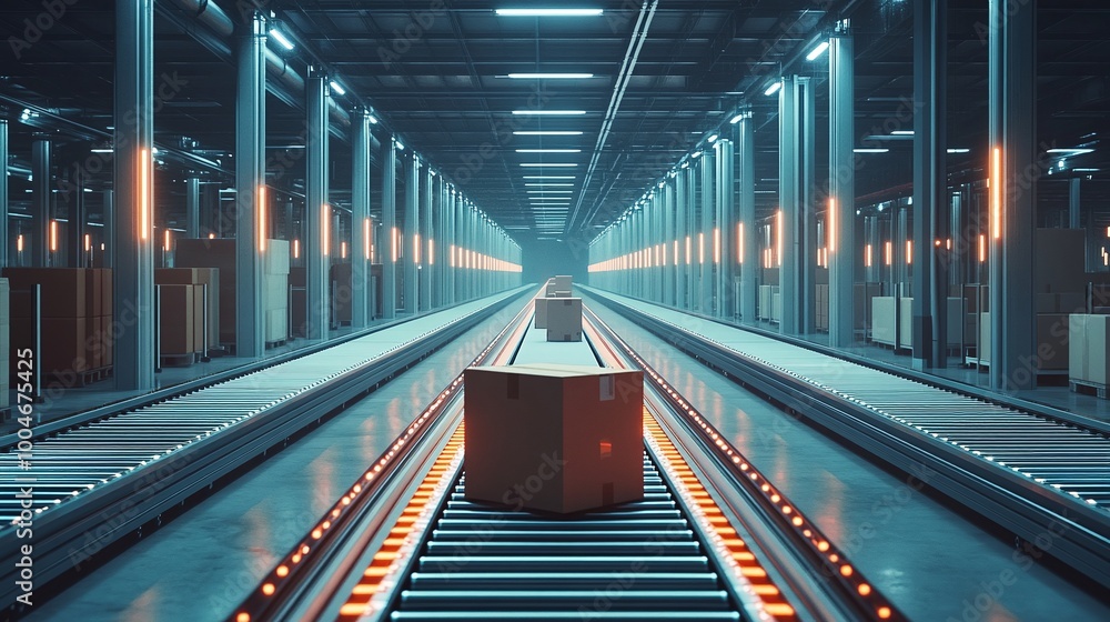 Poster supply chain automation in a smart warehouse featuring automated conveyor belts transporting package