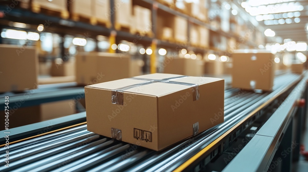 Poster supply chain automation in a smart warehouse featuring automated conveyor belts transporting package