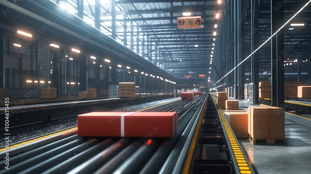 Poster supply chain automation in a smart warehouse featuring automated conveyor belts transporting package
