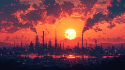 Industrial cityscape with smoke stacks emitting pollution during a vibrant red sunset. Environmental issues, urban industry, climate change, and air pollution.