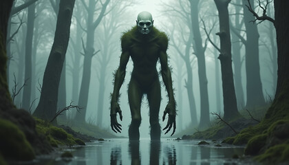 Fototapeta premium The image is a digital illustration of a humanoid figure standing in a swampy area.