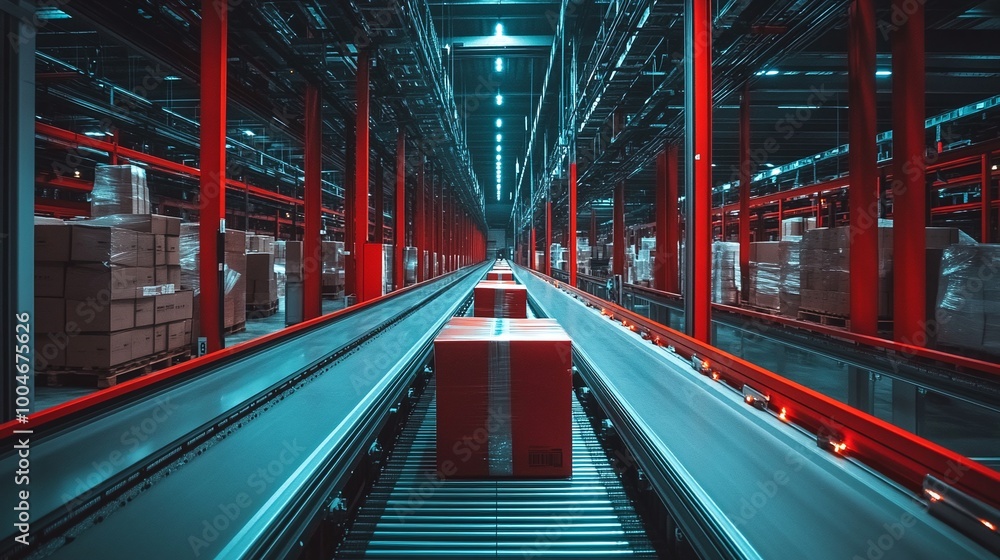 Poster supply chain automation in a smart warehouse featuring automated conveyor belts transporting package