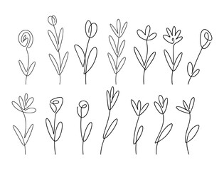 Vector illustration. Flower with one black line without lifting the hand on a white background. Set.