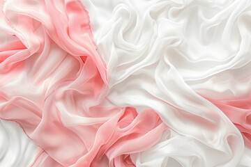 Obraz premium A close-up view of soft, flowing fabric in shades of white and light pink. The silky material is draped and wrinkled. Ideal for backgrounds or fashion-related themes.