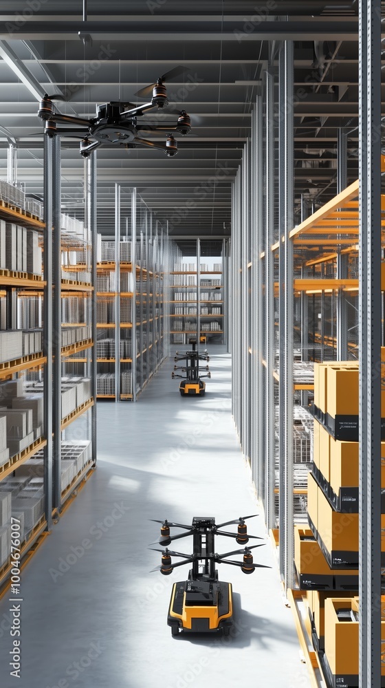Poster warehouse automation with drones and robots coordinating for efficient inventory management in a mod