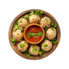 Delicious Steamed Momo Dumplings with Red Spicy Sauce and Fresh Cilantro Garnish on a Wooden Platter