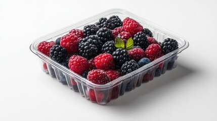 Packaged berries in a transparent container on a clean white background, showcasing the vibrant colors and natural appeal of the fruit.