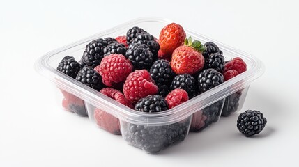 Packaged berries in a transparent container on a clean white background, showcasing the vibrant colors and natural appeal of the fruit.
