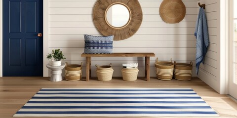 Design an entrance area with coastal decor, featuring blue and white striped rug on the floor.