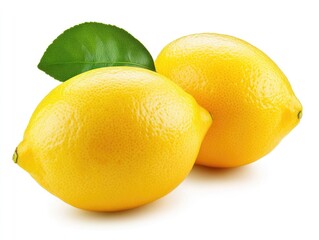 Pair of Fresh Lemons with Vibrant Green Leaves on White Background