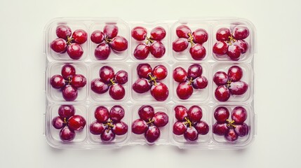 Packaged red grapes neatly arranged on a white background, focusing on the freshness and vibrant color of the fruit in transparent packaging.