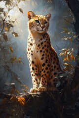 Majestic leopard in forest basking in sunlight, surrounded by foliage