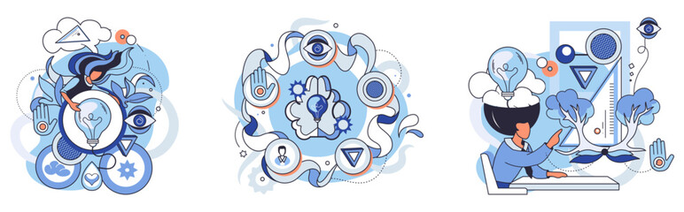 Abstract thinking. Three distinct scenes feature human brain, digital interaction, and cognitive elements. Ideal for Innovation Creativity Artificial Intelligence Future Technology Human Brain. Light