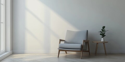 Minimalist Living Room Interior with Gray Armchair and Minimalist Design in Neutral Tones