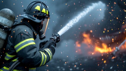 Fototapeta premium Firefighter fighting a fire with a water spray, dynamic action photography, dark background, high contrast, fire particles, wide shot