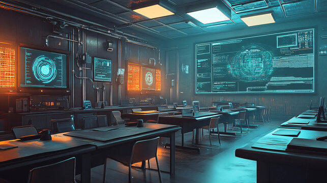  A futuristic classroom where AI tutors teach students. 
