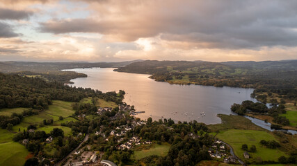 Aerial panoramic view of Lake Windermere from the Water Head area of Ambleside at sunrise